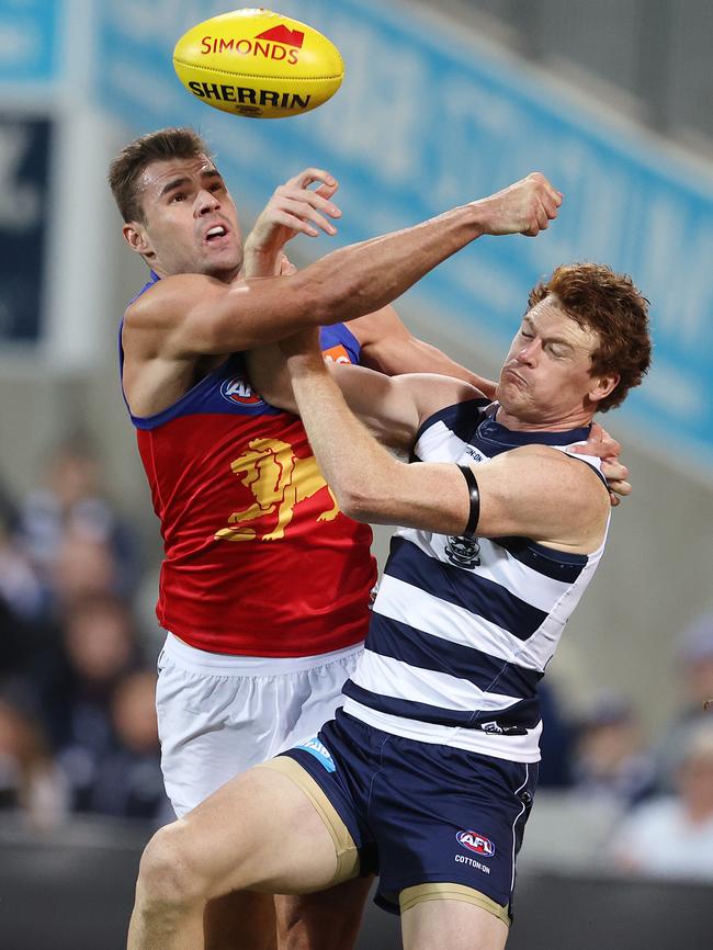 Jack Payne of the Lions spoils Gary Rohan of the Cats during their match in March. Picture: Michael Klein