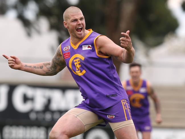 Cameron Cloke celebrates a goal for Jacana. Picture: Ian Currie.