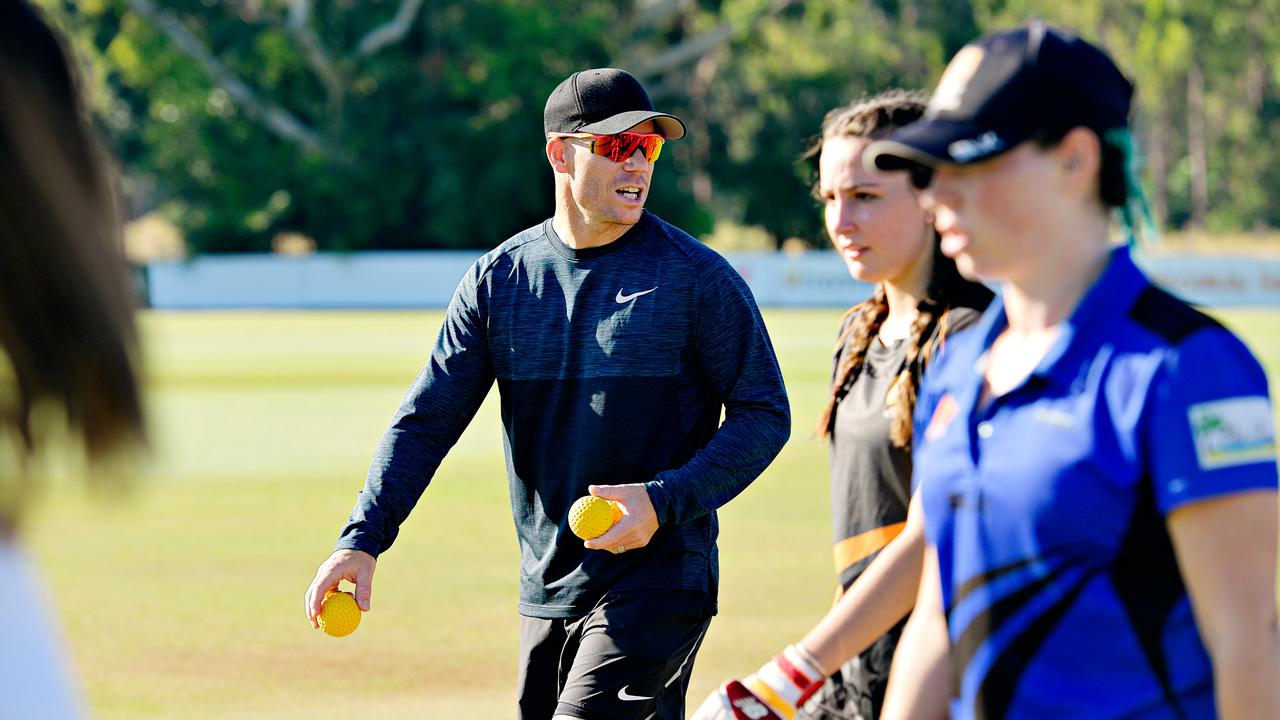 David Warner while attending a women's cricket coaching clinic at the Marrara cricket ground.