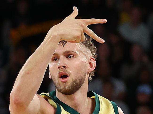 MELBOURNE, AUSTRALIA - JULY 04: Jock Landale of the Boomers reacts during the game between the Australia Boomers and China at John Cain Arena on July 04, 2024 in Melbourne, Australia. (Photo by Graham Denholm/Getty Images)