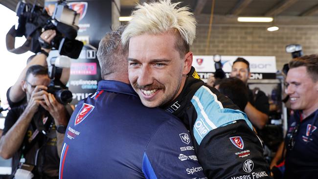 Chaz Mostert is congratulated after claiming pole in the Top 10 Shootout at Mount Panorama in 2021. Picture: Tim Hunter.