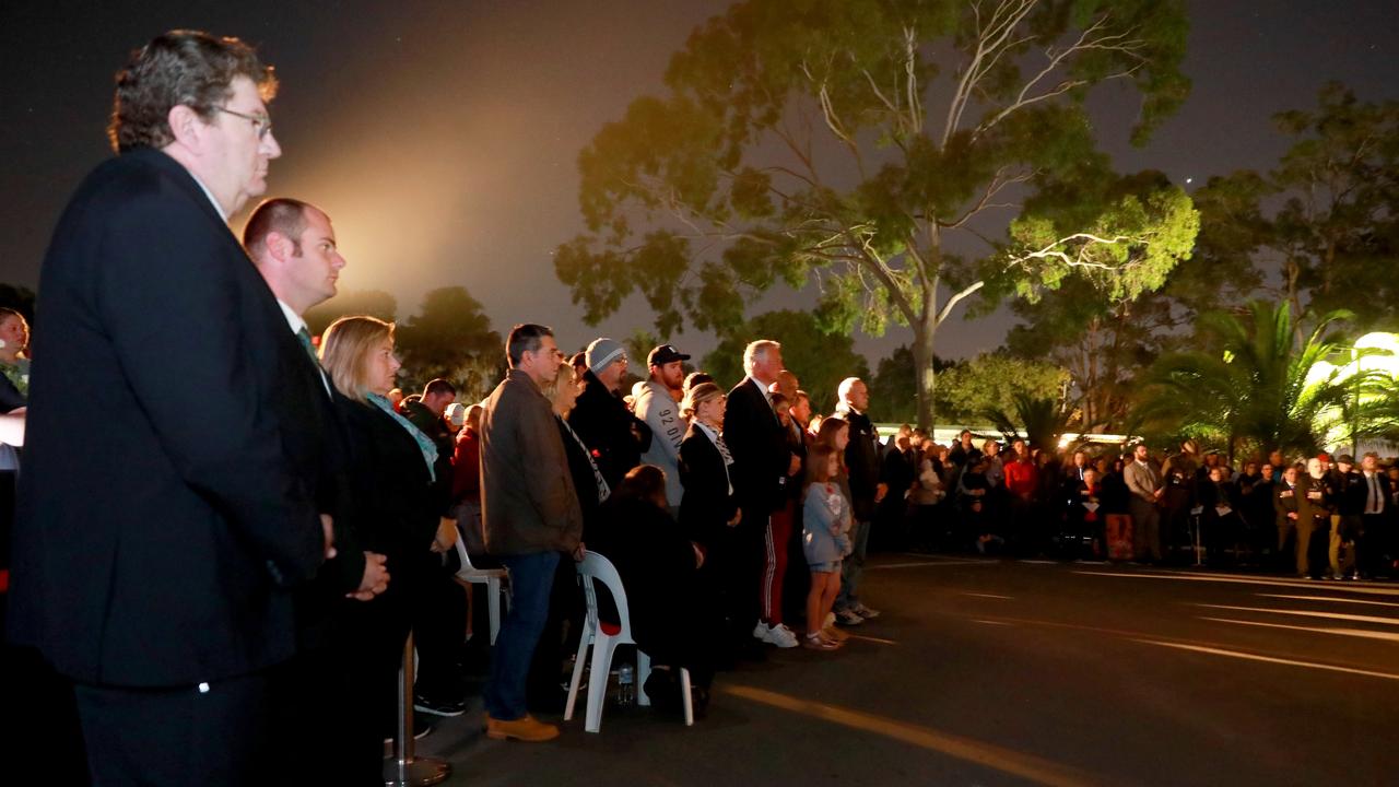 Observers gather at the war memorial at Pinegrove Memorial Park in Minchinbury for the Anzac Day dawn service. Picture: Angelo Velardo