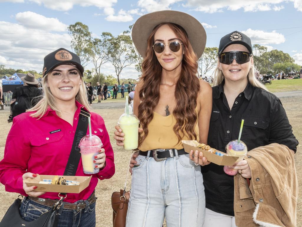 (from left) Chantelle Turner, Jade Moore and Jess Moore. Meatstock 2023 at Toowoomba Showgrounds. Friday, April 14, 2023. Picture: Nev Madsen.