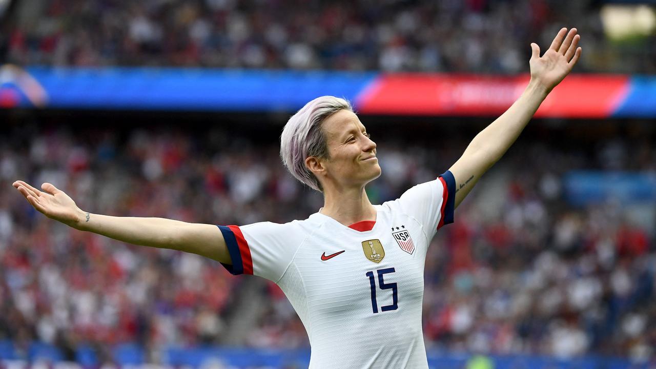 (FILES) USA's forward Megan Rapinoe celebrates scoring her team's first goal during the France 2019 Women's World Cup quarter-final football match between France and United States, at the Parc des Princes stadium in Paris on June 28, 2019. US women's' team star Rapinoe announced on social media on July 8, 2023, that she would be retiring from football at the end of this season. "It is with a deep sense of peace &amp; gratitude that I have decided this will be my final season playing this beautiful game," the 38-year-old posted. (Photo by FRANCK FIFE / AFP)