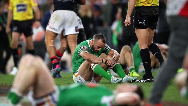 Josh Hodgson and his Raiders teammates react after full-time. Picture. Phil Hillyard