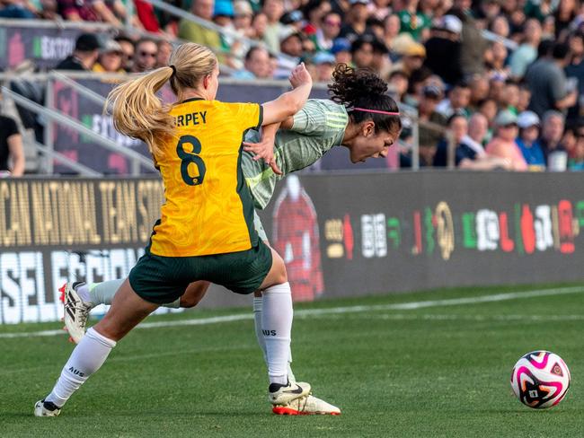 Australia's Kaitlyn Torpey made an impact in her first game at left-back for Australia. Picture: Getty