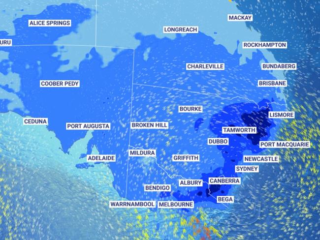 The cold change is expected to affect much of Australia this week with the areas in blue indicating temperatures at or below 20C. This cool change will impact almost all of Australia, with the only exception being the WA Kimberley. Even Darwin will see a dip in temperatures and a drop in humidity on Thursday as this change sweeps the nation. Picture: Sky News Weather