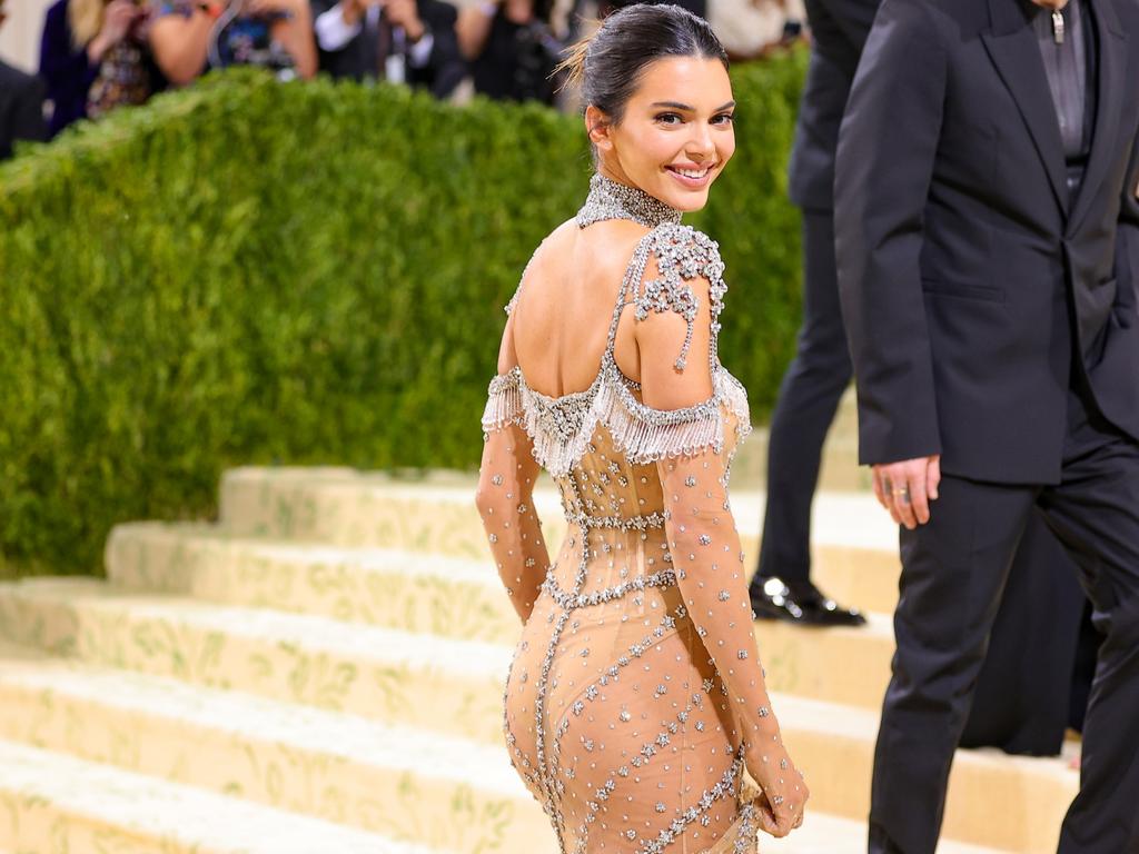 Kendall Jenner in a beaded ‘naked’ dress. Picture: AFP