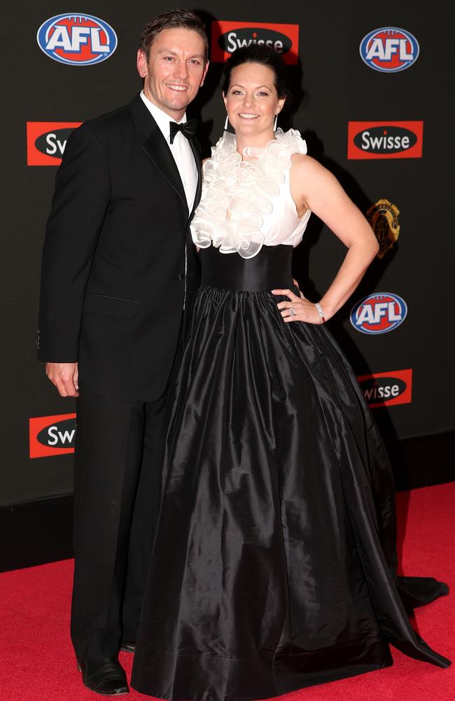 Shane and Deanne Woewodin arrive on the red carpet for the 2015 AFL Brownlow Medal presentation held at Crown Casino on Monday, September 28, 2015, in Melbourne, Victoria, Australia. Picture: Tim Carrafa