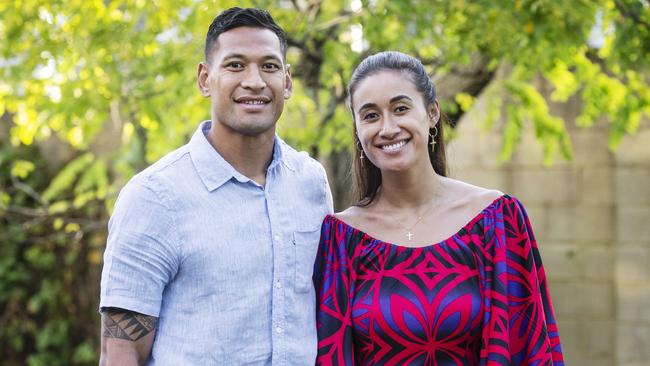 14/04/2019: Israel Folau with his wife Maria Folau at Kenthurst Uniting Church after a Sunday service. Hollie Adams/The Australian