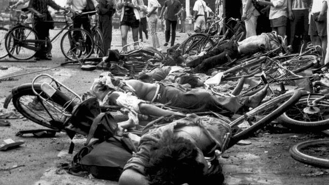 Civilian bodies lying among mangled bicycles near Beijing's Tiananmen Square.