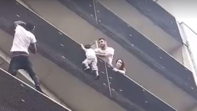 22-year-old rescuer a Mamoudou Gassama scaled four storeys of a Parisian apartment building to rescue a child that was on the outside of the balcony railing.