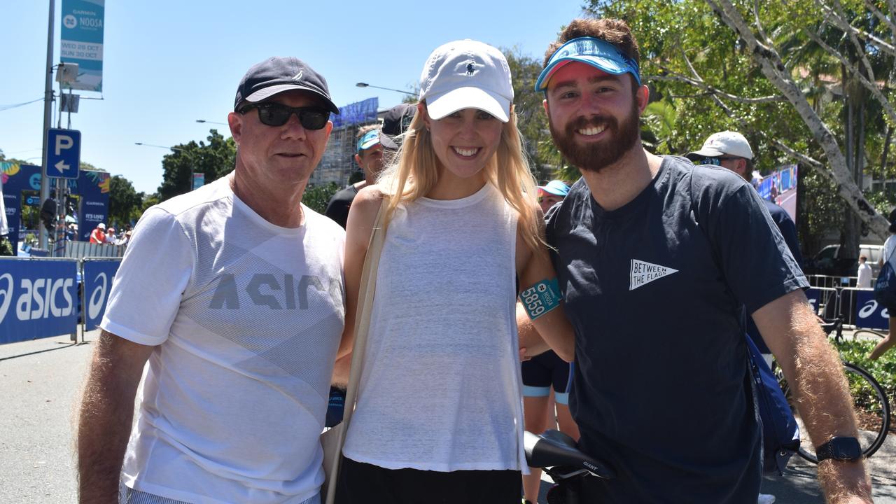 Graeme Traves, Cassie McConnaghy and Jonathan Traves at the Garmin Noosa Triathlon on October 30, 2022. Picture: Sam Turner