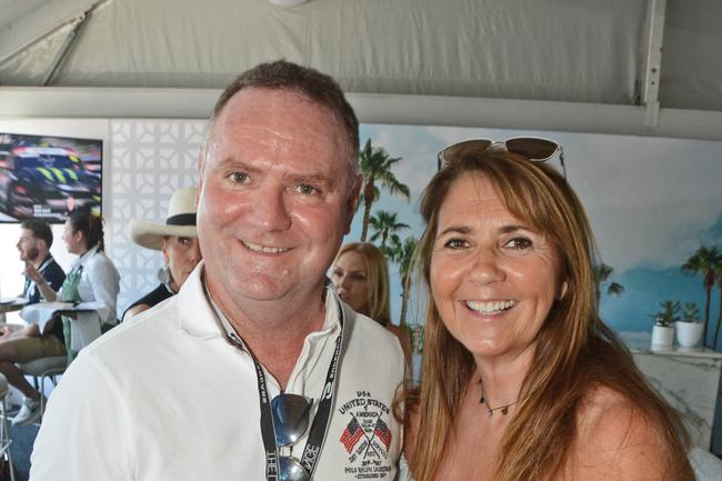 Brett Faulkner and Catherine Marks in The Lounge at GC500 corporate suites, Main Beach. Pic: Regina King