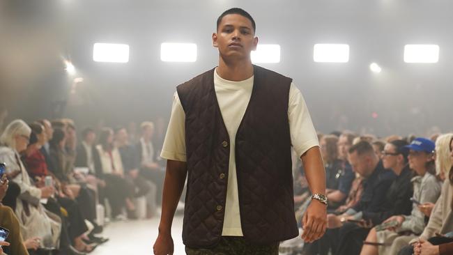 A model walks the runway during the JOSEPH & JAMES show at Australian Fashion Week 2025 at Carriageworks oon Tuesday. Picture: Nina Franova