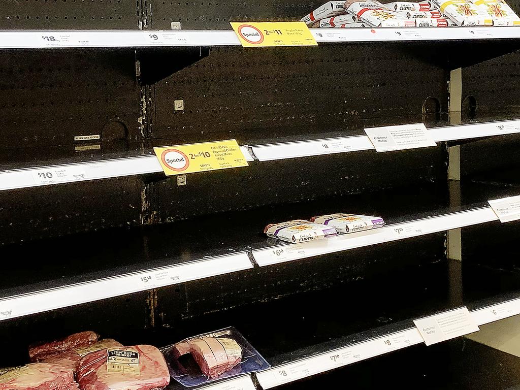 A shelf in a Coles supermarket in the Melbourne suburb of Moonee Ponds after recent panic buying on Monday. Picture: Ian Currie/NCA NewsWire