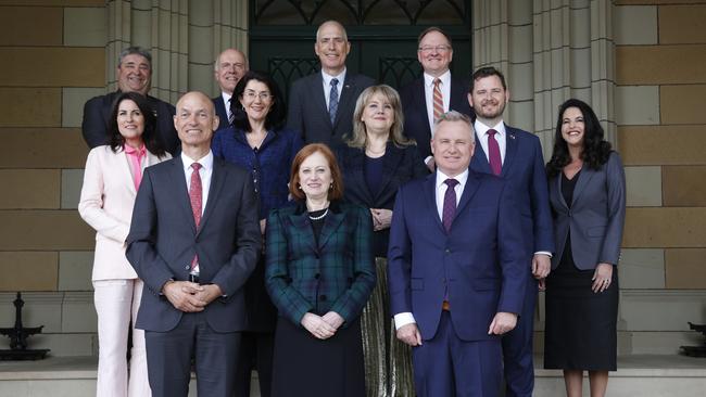 Front L-R Deputy Premier Guy Barnett, Governor of Tasmania Her Excellency Barbara Baker, Premier Jeremy Rockliff. Middle L-R Minister Jo Palmer, Minister Jacquie Petrusma, Minister Madeleine Ogilvie, Minister Felix Ellis, Minister Jane Howlett. Back L-R Minister Kerry Vincent, Minister Eric Abetz, Minister Nick Duigan, Minister Roger Jaensch. Picture: Nikki Davis-Jones