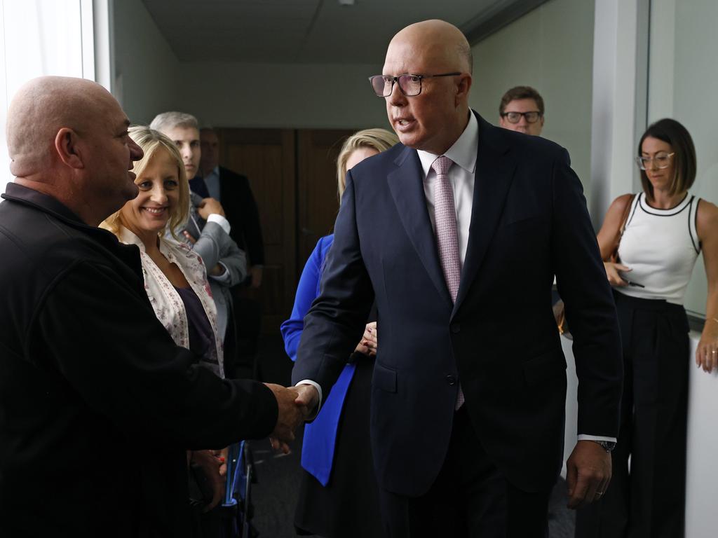 DAILY TELEGRAPH 26TH FEBRUARY 2025Pictured at Pendle Hill Meat Market in western Sydney is store manager Joe Gafa saying goodbye to The Leader of the Opposition Peter Dutton following his visit to the store.Picture: Richard Dobson