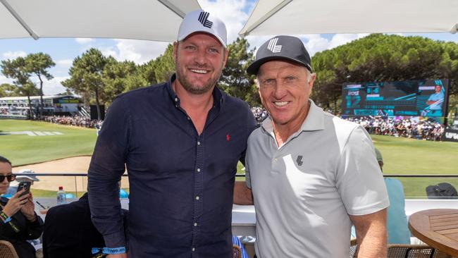 Deputy Victorian Liberal leader Sam Groth with Greg Norman at Liv Golf Adelaide. Picture: Kelly Barnes