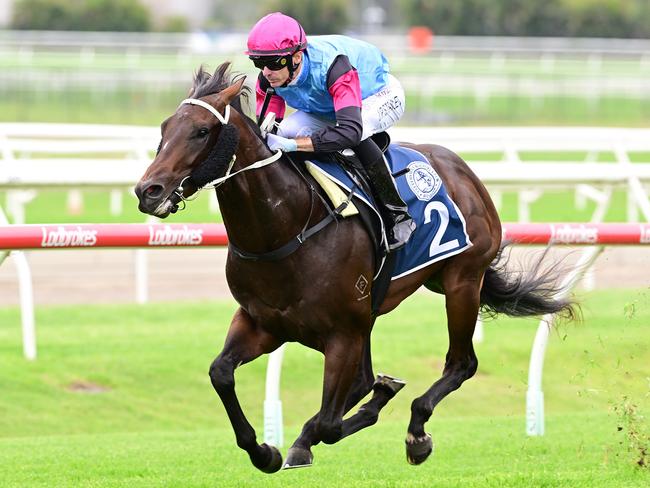 Astapor dashes clear to victory at Doomben for jockey Justin Stanley. Picture: Grant Peters - Trackside Photography