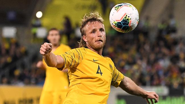 Rhyan Grant of Australia in action during the FIFA World Cup Asian Qualifiers match between the Australian Socceroos and Nepal at GIO Stadium in Canberra, Thursday, October 10, 2019. (AAP Image/James Gourley) NO ARCHIVING, EDITORIAL USE ONLY.