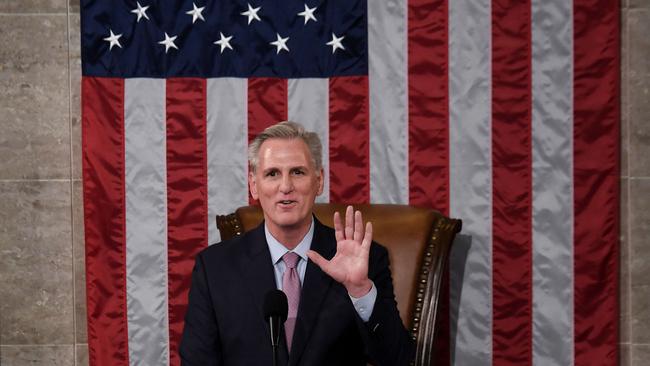 Kevin McCarthy delivers a speech after he was elected Speaker of the US House of Representatives on the 15th ballot at the US Capitol in Washington, DC. Picture: AFP