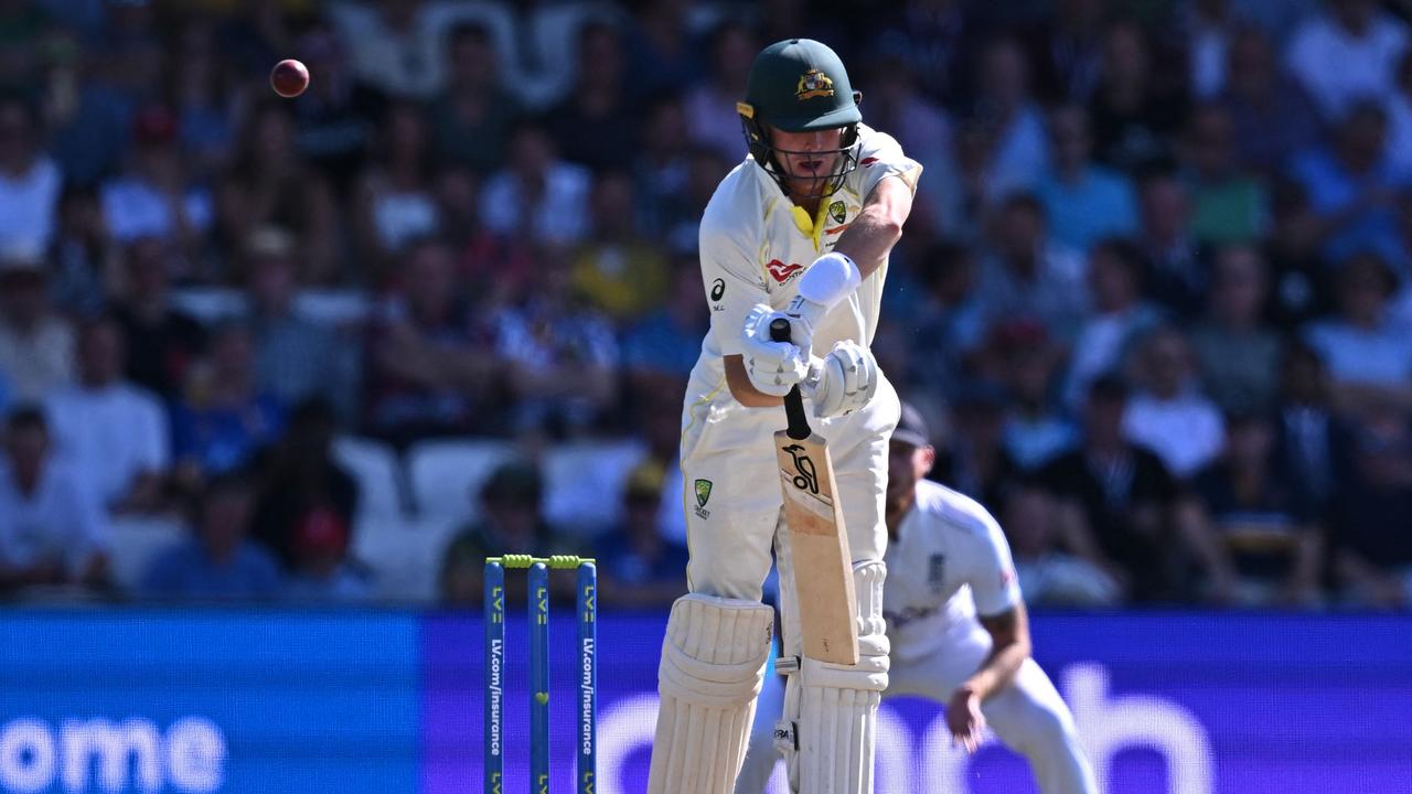 Marnus Labuschagne fails to control a bouncer from Stuart Broad. Picture: AFP