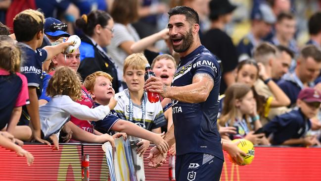 James Tamou greets fans during round one. (Photo by Albert Perez/Getty Images)