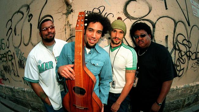 Ben Harper (guitar) & his band Innocent Criminals, members (L-R) Rock Deadrick, Dean Butterworth & Juan Nelson during their Australian tour 19/03/97. Harper/Singer Innocent/Criminals/Band P/