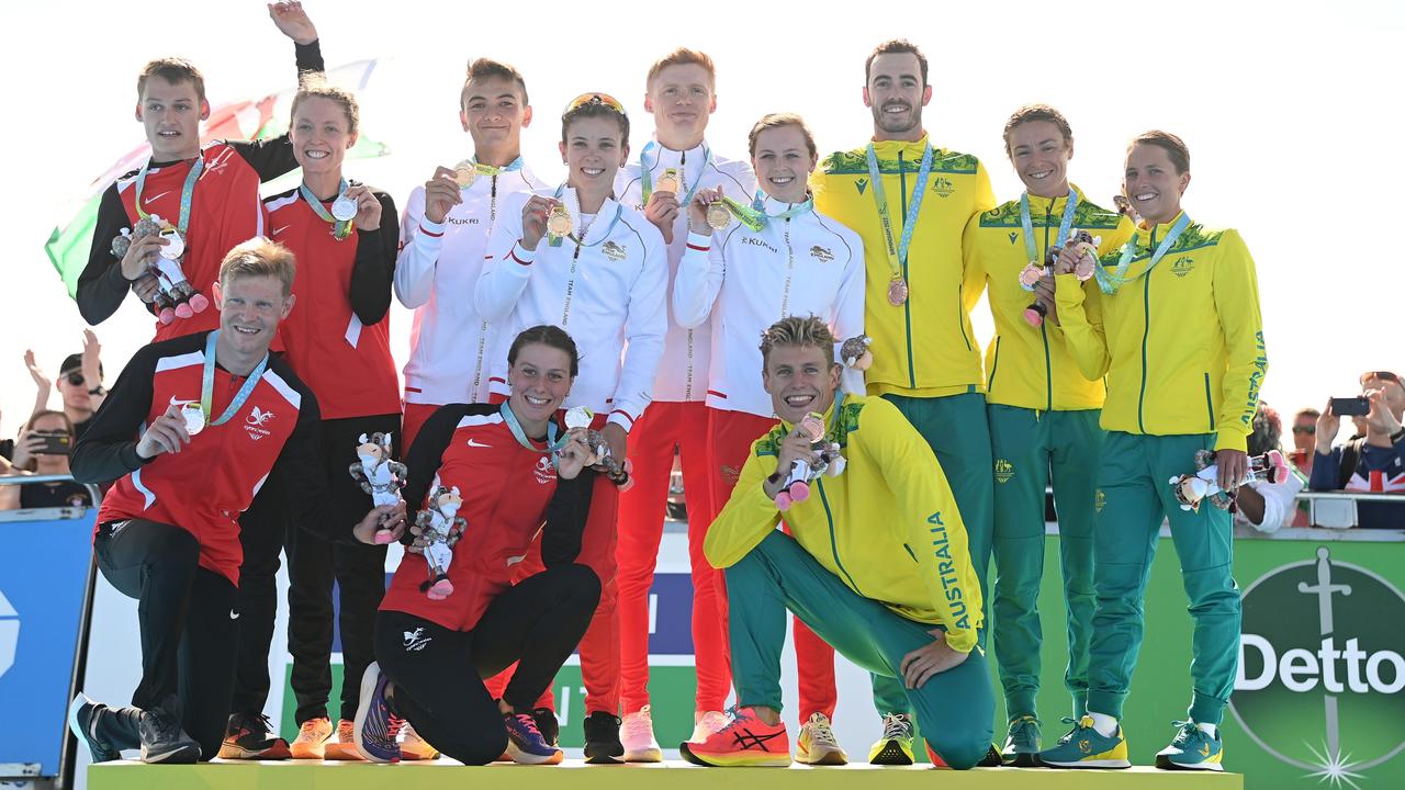 There may not be a podium finish for any Commonwealth triathletes at the Glasgow Games if road events are all dropped. Team Australia claimed the bronze at the Birmingham 2022 Commonwealth Games. Picture: David Ramos/Getty Images