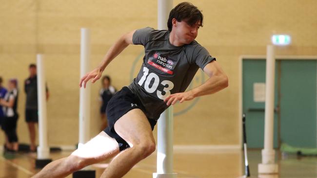 Logan McDonald undertakes the agility test during the 2020 Western Australia AFL Draft Combine at Wesley College.