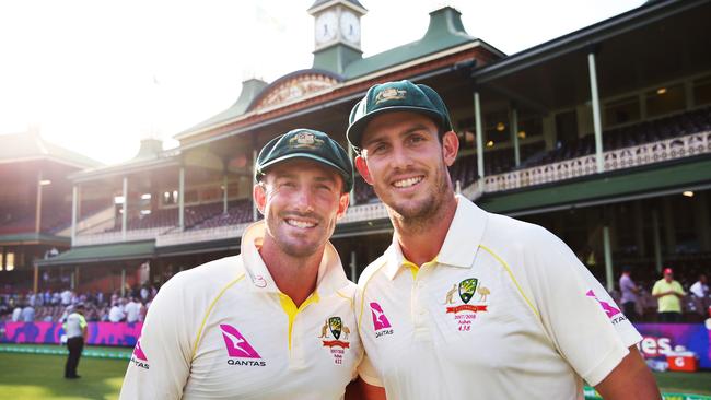 Century-makers Shaun Marsh, left, and younger brother Mitchell after a momentous day at the SCG yesterday. Picture: Phil Hillyard