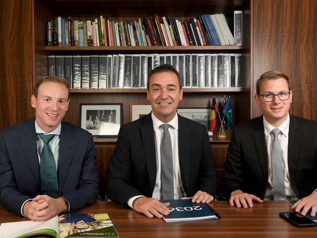 GRINNERS: Liberal Leader Steven Marshall has promoted David Speirs and Stephan Knoll in the shadow cabinet reshuffle. Photo: Naomi Jellicoe