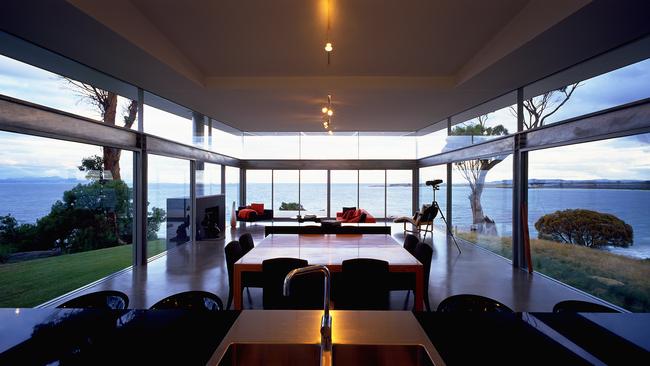 Avalon Coastal Retreat’s glass-walled living area, Tasmania.