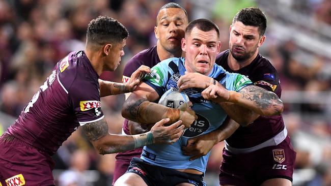 David Klemmer on the charge for the Blues in Origin I. Picture: Getty Images