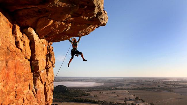 Bec Hopkins ascends the climb named Kachoong at Mount Arapiles in western Victoria. Picture: David Geraghty