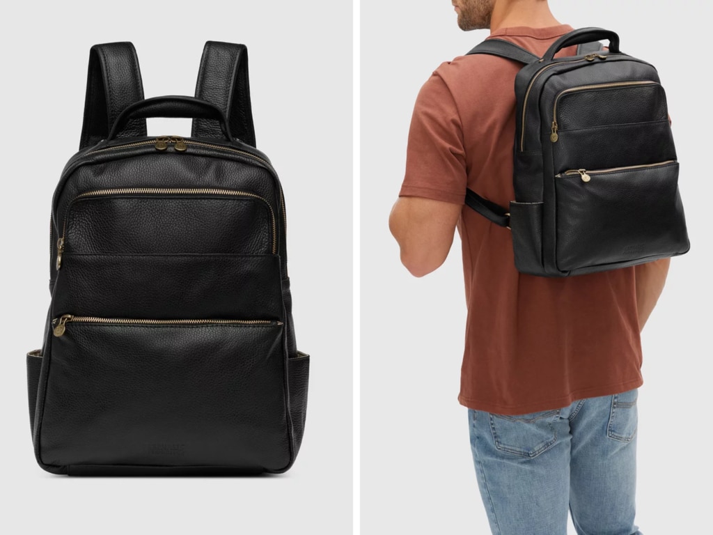 Republic of Florence Salvador Black Leather Laptop Backpack. Picture: THE ICONIC