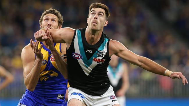 Former Eagle Scott Lycett gave the Power the ascendancy in the ruck. Picture: Getty Images