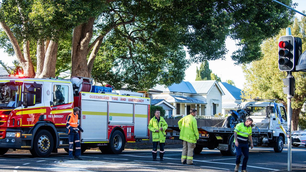 A motorcyclist has been injured after his bike collided with a car during peak hour traffic in Toowoomba on Hume and Campbell St. May 8, 2024 Picture: Kevin Farmer