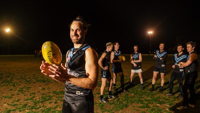 Blackfriars Old Scholars footballer Matt Brincat with teammates at Hounds training. Picture: Morgan Sette