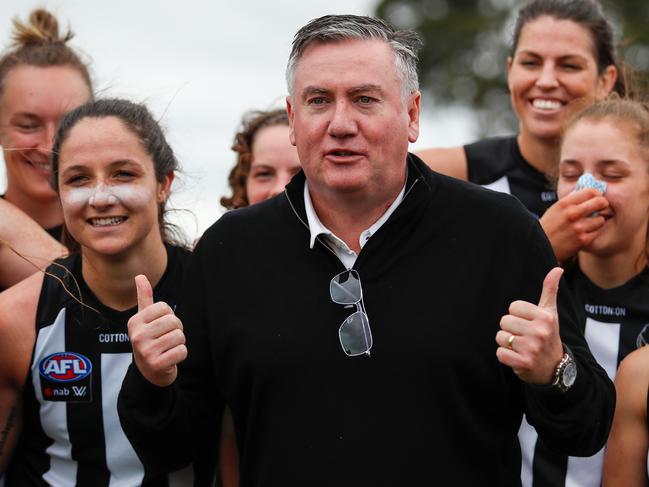 MELBOURNE, AUSTRALIA - MARCH 08: Eddie McGuire, President of the Collingwood FC is seen during the 2020 AFLW Round 05 match between the Collingwood Magpies and the Western Bulldogs at Morwell Recreation Reserve on March 08, 2020 in Melbourne, Australia. (Photo by Dylan Burns/AFL Photos via Getty Images)