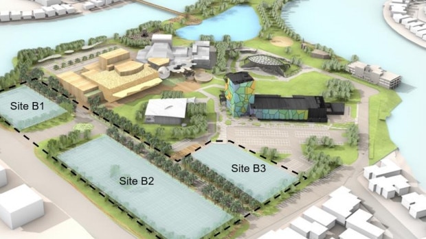 A graphic outlining the future stages of HOTA on the Gold Coast. The sections at the front show where a digital education facility could be built.