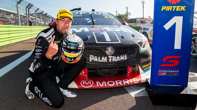 Chaz Mostert driver of the #25 Mobil Optus Racing Holden Commodore ZB celebrates after winning race 3 of the Darwin Triple Crown round of the 2022 Supercars Championship Season at Hidden Valley Raceway. Picture: Supplied