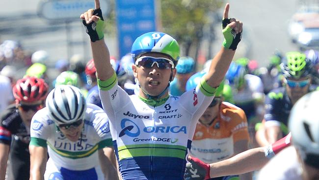 Orica BikeExchange rider Caleb Ewan celebrates after winning Stage 6 of the Tour Down Under in Adelaide earlier this year. Picture: Tom Huntley