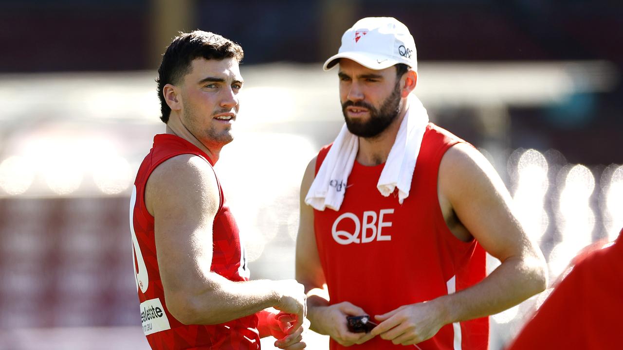 Tom McCartin and brother Paddy McCartin during Sydney Swans training. Picture: Phil Hillyard