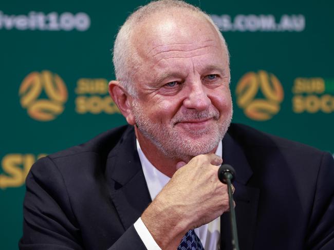 SYDNEY, AUSTRALIA - JANUARY 30: Graham Arnold smiles during a press conference announcing the new Socceroos head coach at Dexus Place on January 30, 2023 in Sydney, Australia. (Photo by Hanna Lassen/Getty Images)