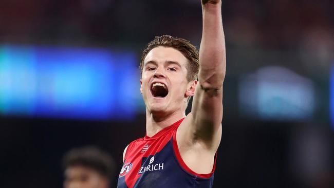 Bayley Fritsch celebrates a goal against the Lions. Picture: Getty Images