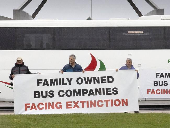 CANBERRA, AUSTRALIA-NCA NewsWire Photos: 26 OCTOBER 2020: BUSES PROTEST: Canberra rally for small bus companies facing extinction at Parliament House, Canberra.Dozens of family-owned and independent buses are on the brink of collapse, thousands of drivers could lose their jobs and Mum and Dad operators stand to lose their homes as an impact of COVID-19 restrictions.Picture: NCA NewsWire / Gary Ramage