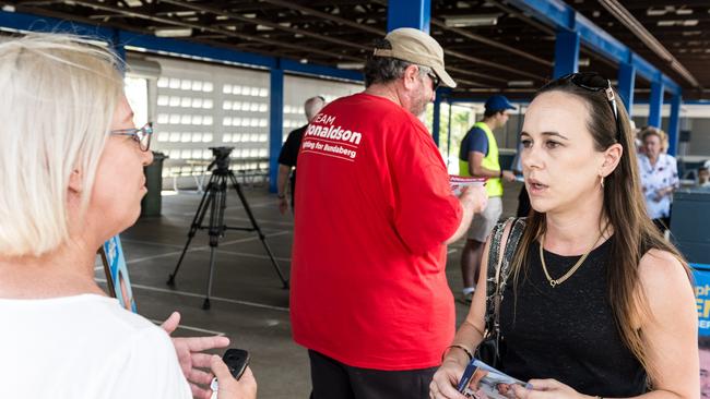 Bundaberg ALP incumbent Leanne Donaldson talking outside the polling booth to Danielle Monckton about universities. Picture: Paul Beutel