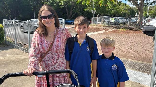 Kira Monk, Zack Bishoff and Xavier Robitson at their first day of school at Nambour State School in 2023. Photo: Chelsea Heaney